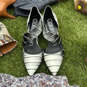 Calvin clein black and white patterned strap kitten heel